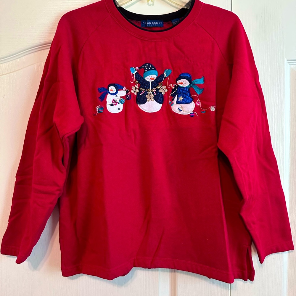 Vintage Red Karen Scott Elite Snowman Christmas Fleece Sweater Size Petite L